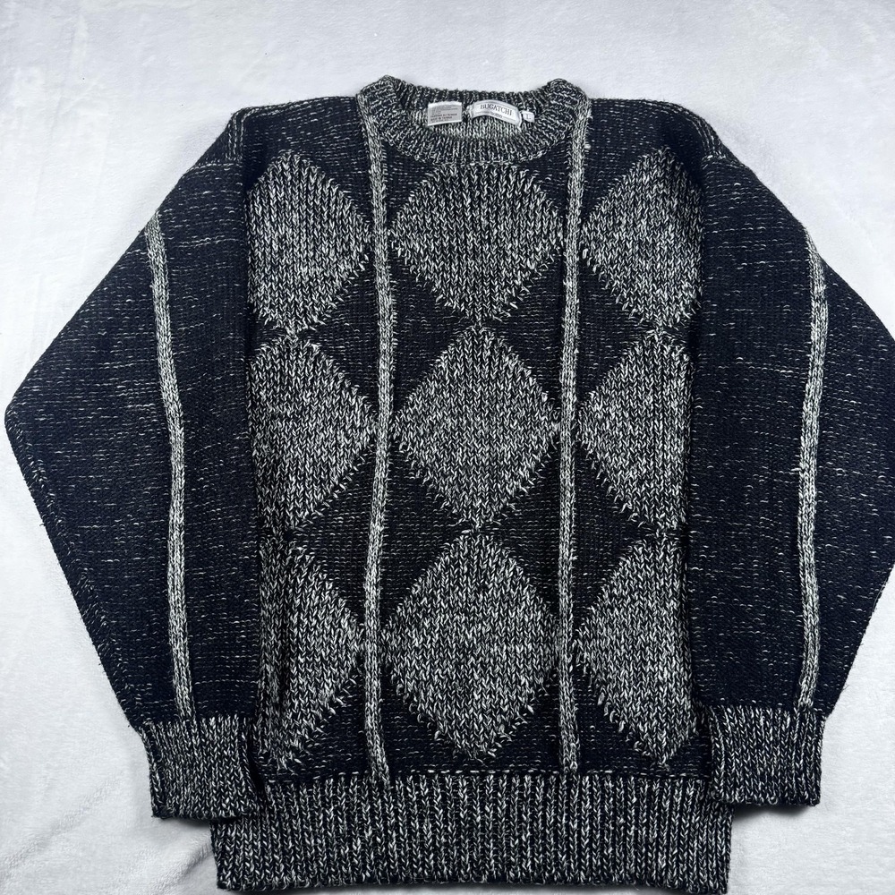Bugatchi Sweater Mens Large Black Gray Argyle‎ Diamond Knit Crewneck Pullover